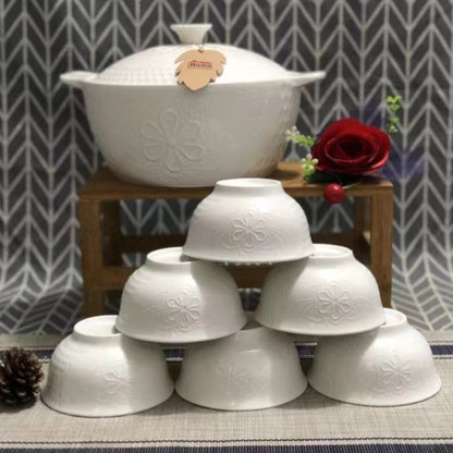 White ceramic dish with soup bowls