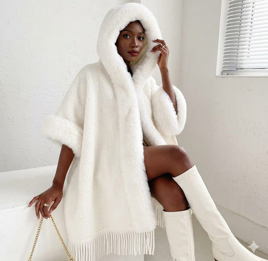 Hooded Winter Shawl with Faux Fur and Tassel Fringe