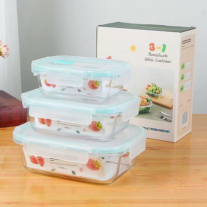 3Pcs Glass Food Storage Lunch Box Containers