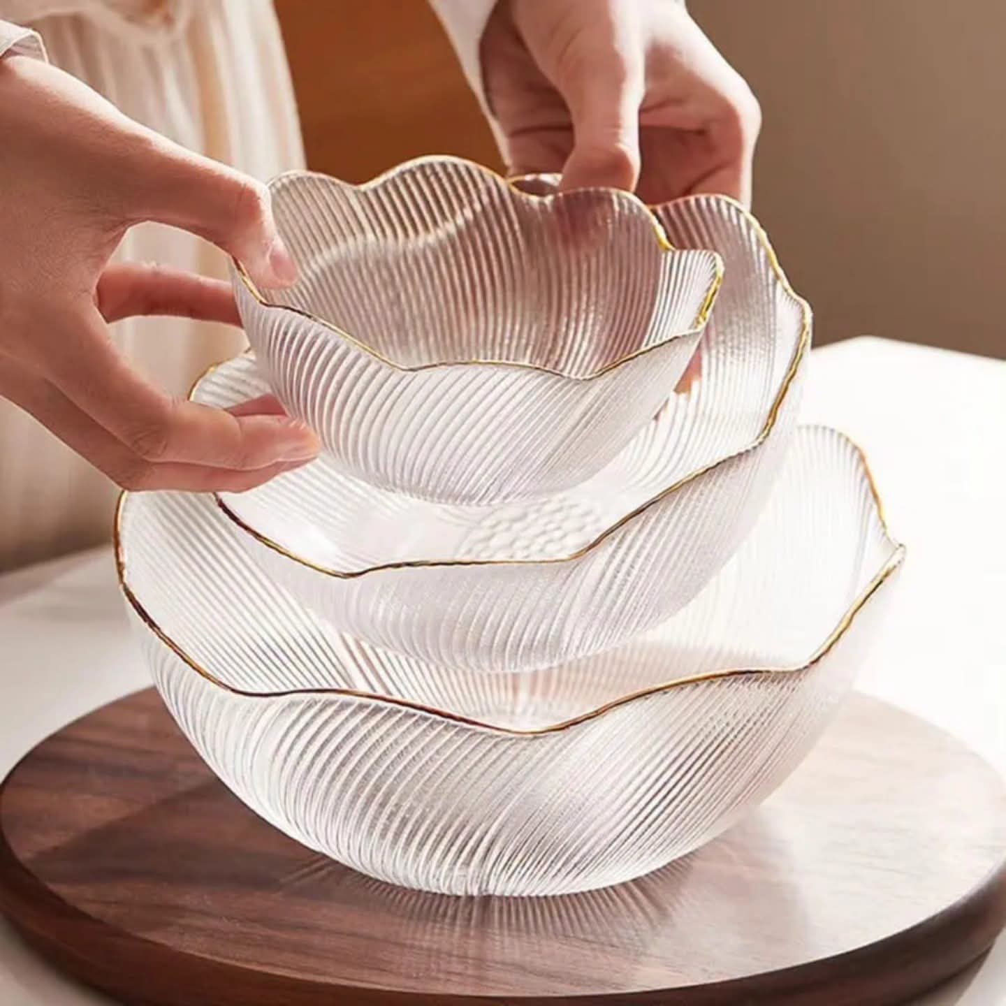 3Pc Gold Rim Glass Salad Bowl Set