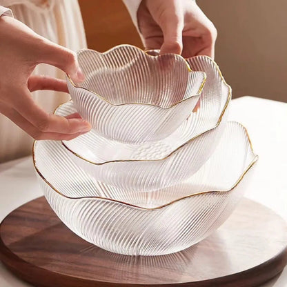 3Pc Gold Rim Glass Salad Bowl Set