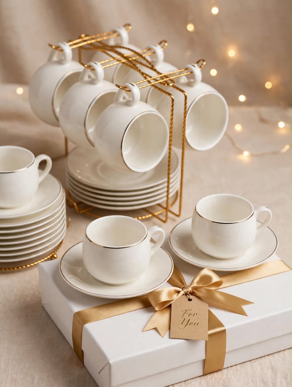 6 Cups and 6 Saucers with Gold Stand Set