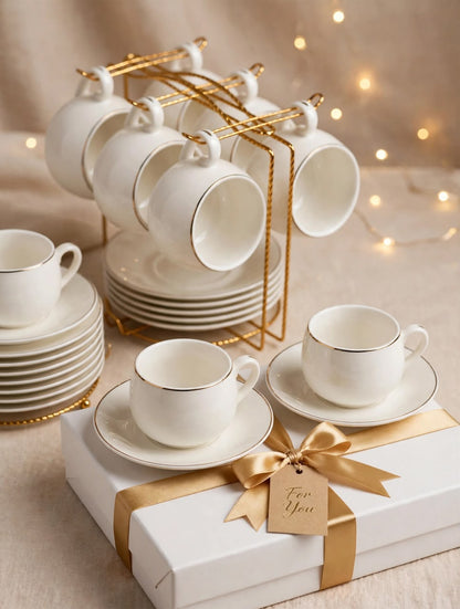 6 Cups and 6 Saucers with Gold Stand Set
