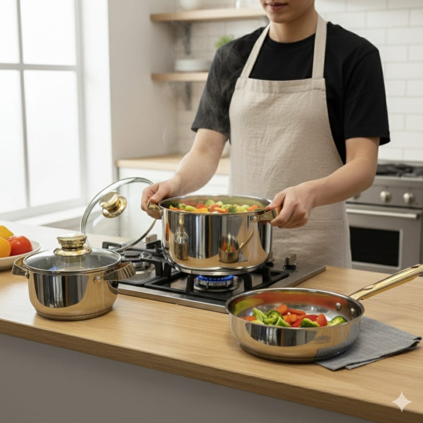 8 Piece Stainless Steel Cookware Set with Gold Handles