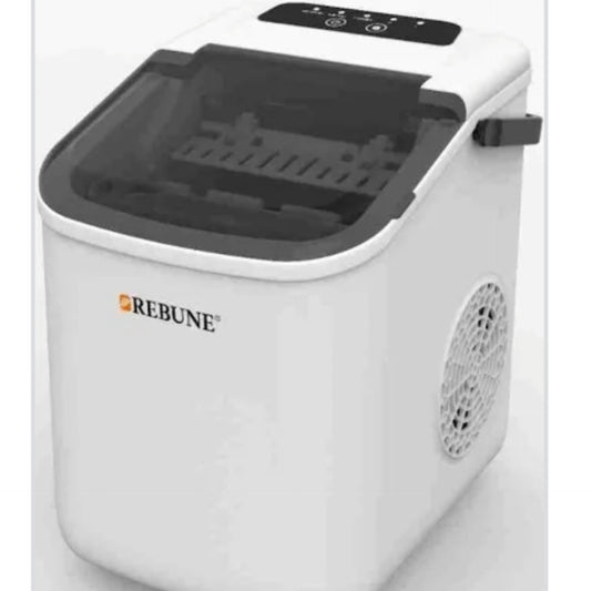 A white, compact Rebune ice cube maker appliance with a transparent dark lid and a circular air vent on the side.