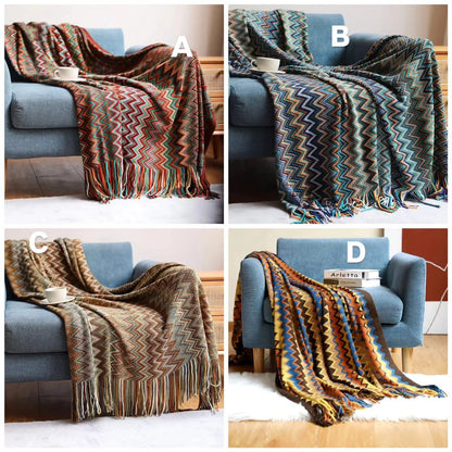 Bohemian Knitted Throw Blanket With Tassel