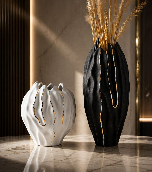 2Pc Black and Gold Vase Set