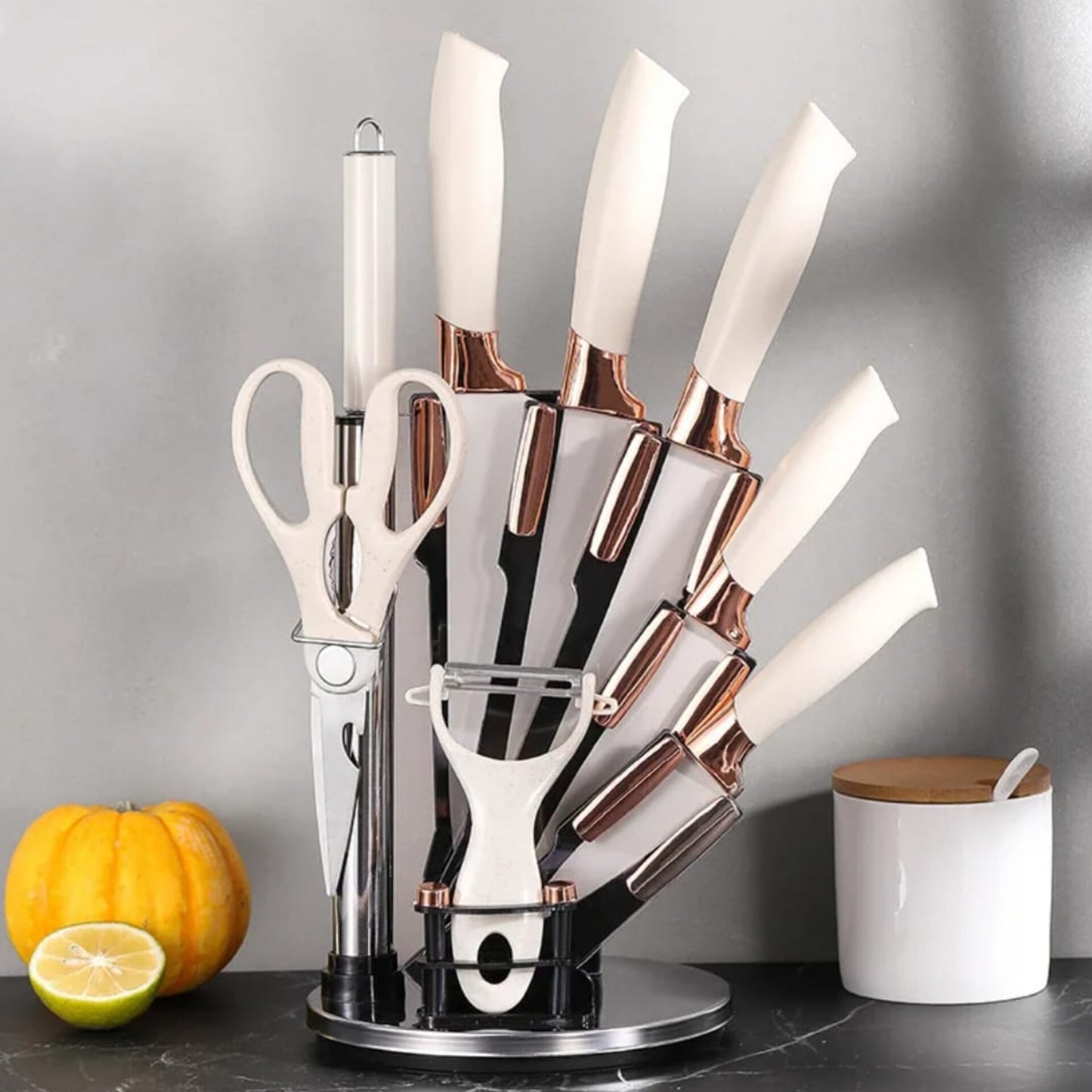 8-Piece Premium Rose Gold and Grey Rotating Knife Set