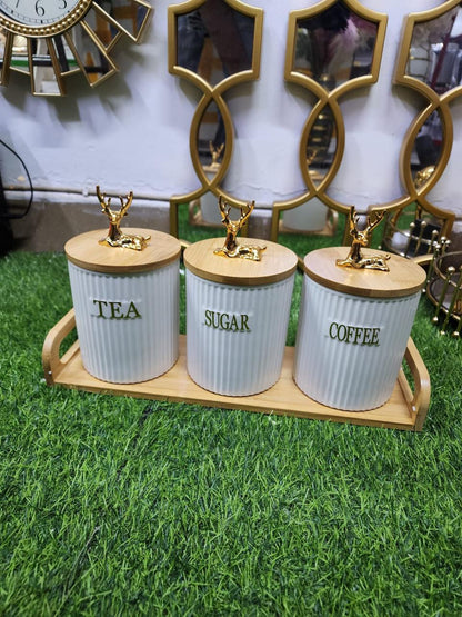 3 pcs ribbed tea,coffee,sugar canister