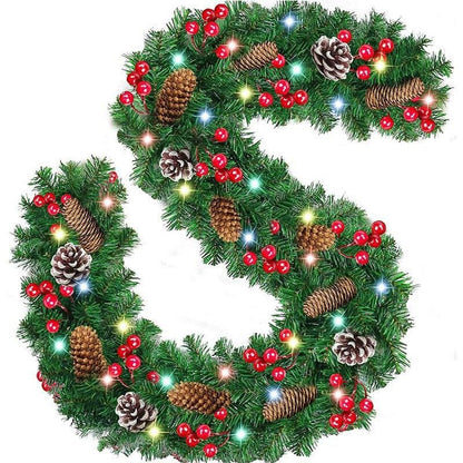 2.7m Christmas Garland With Pine Cones Red Berries And LED Lights