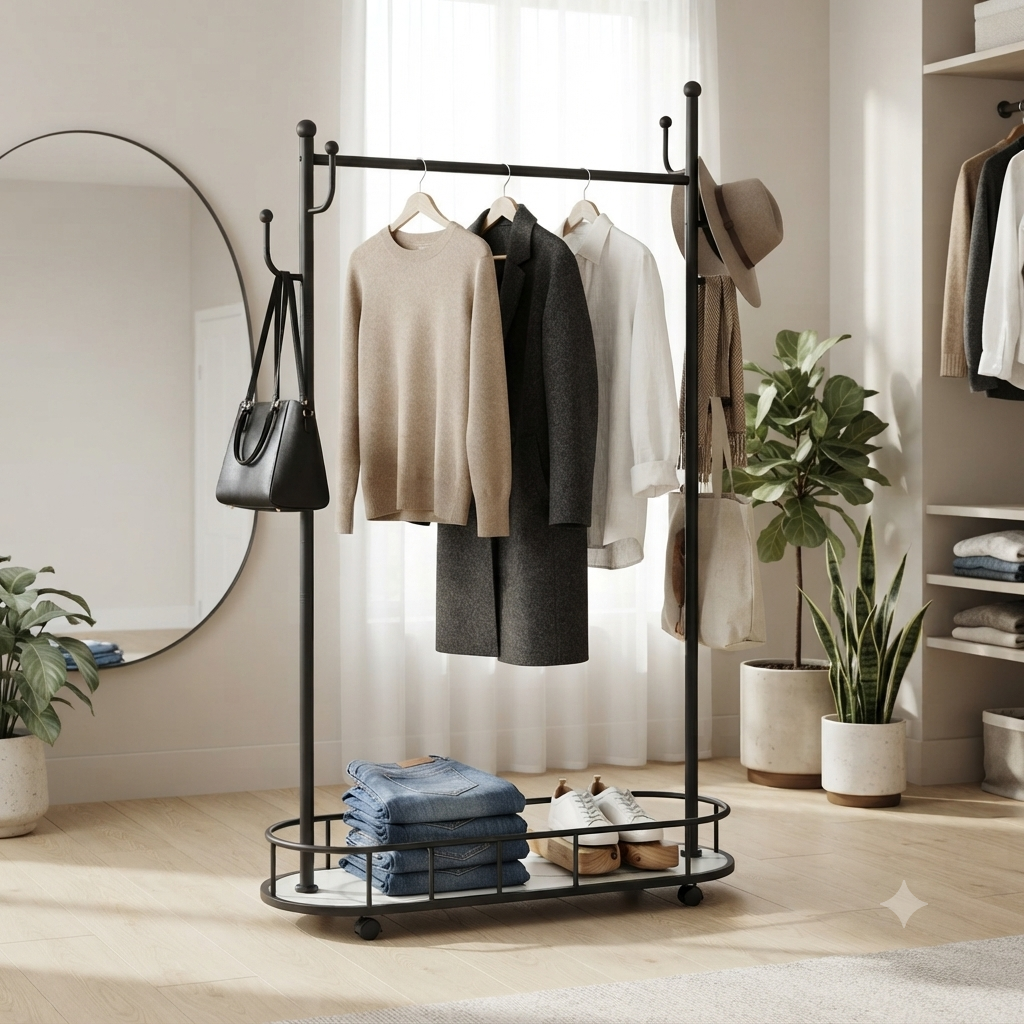 Freestanding Metal Clothes Rack with Storage Shelf