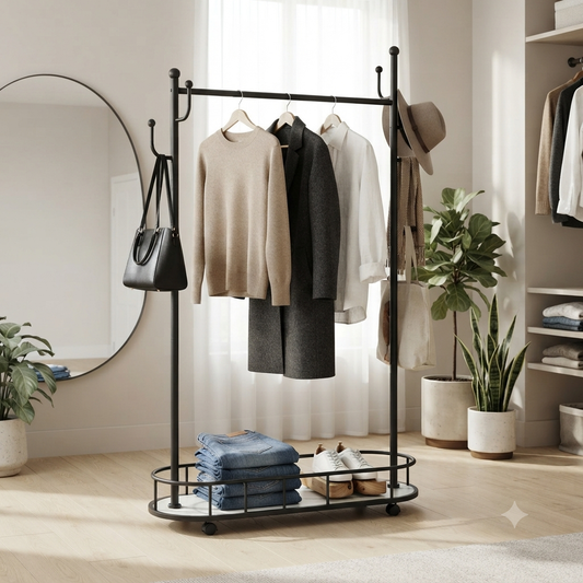 Freestanding Metal Clothes Rack with Storage Shelf