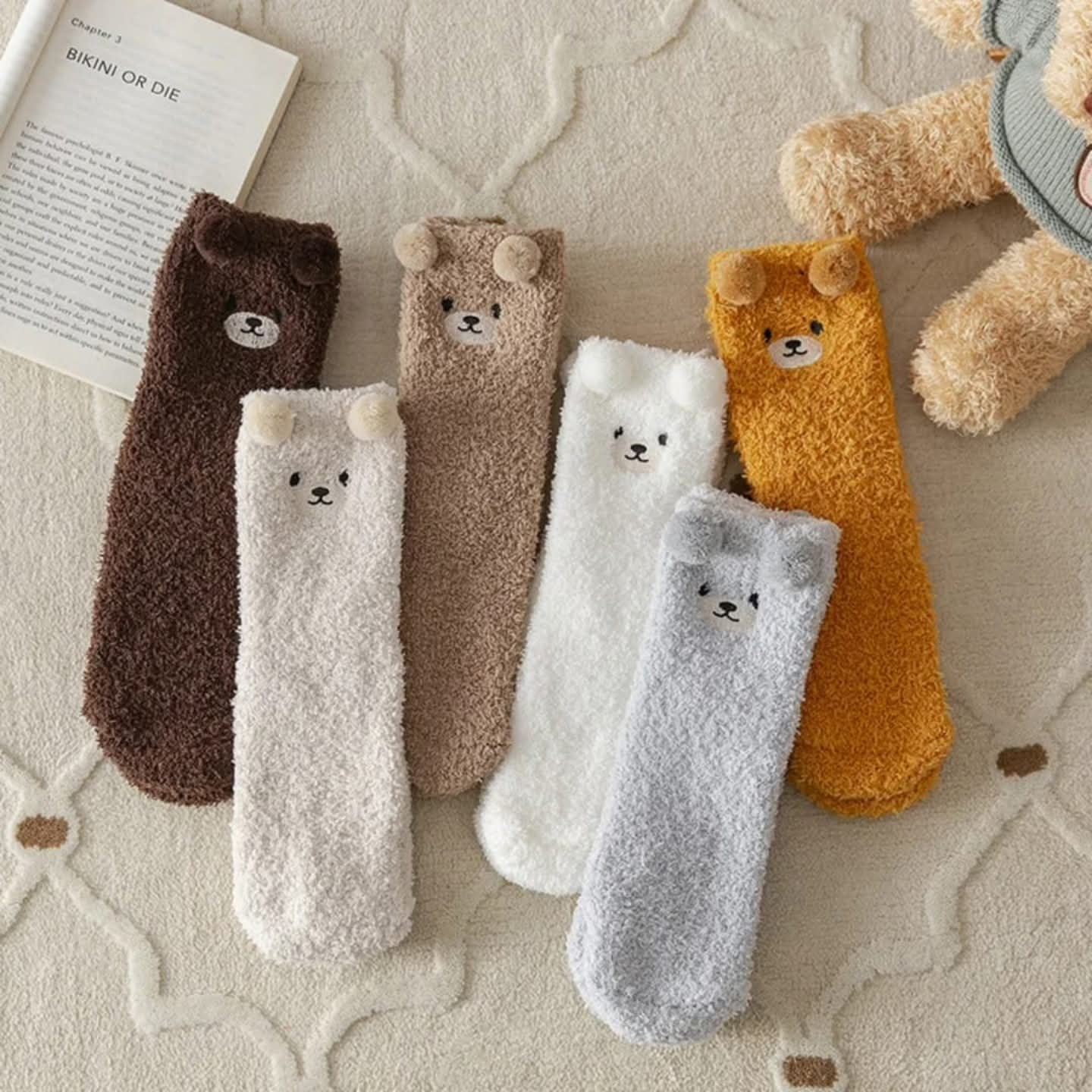 Thickened Plush Bear Face Sleeping Socks