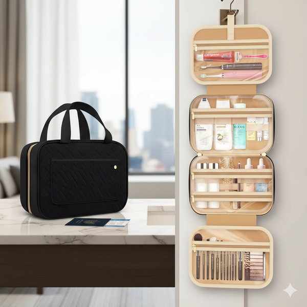Quilted travel toiletry and makeup bag