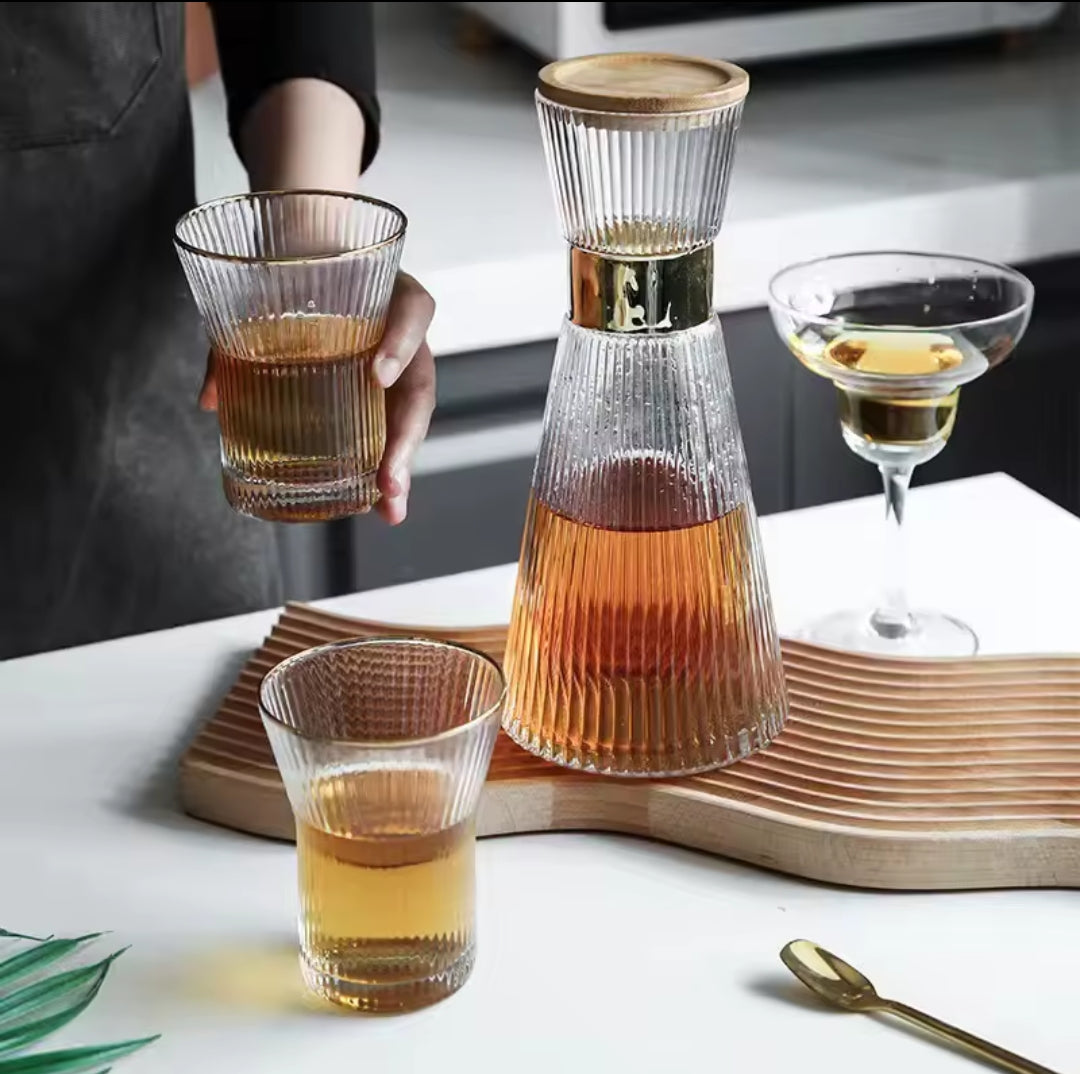 Stripe Style Glass Carafe and Tumbler Glasses Set, 6 Ribbed Glasses With Pitcher