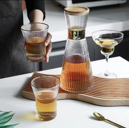 Stripe Style Glass Carafe and Tumbler Glasses Set, 6 Ribbed Glasses With Pitcher