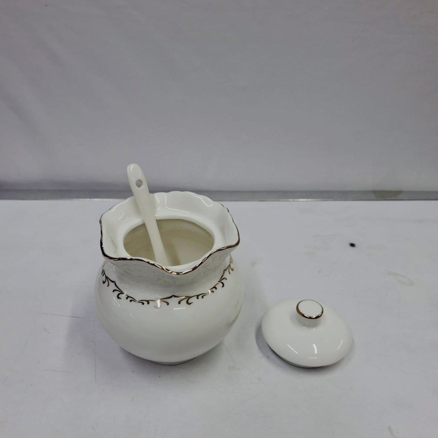 Gold Rimmed Ceramic Sugar Jar with Spoon