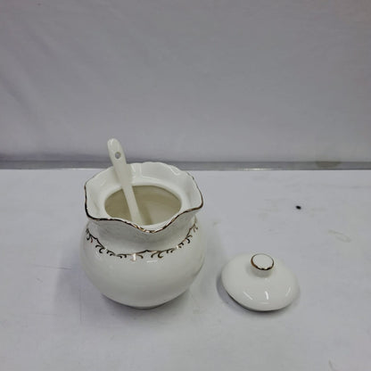 Gold Rimmed Ceramic Sugar Jar with Spoon