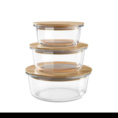 3Pc Round food containers with bamboo lid