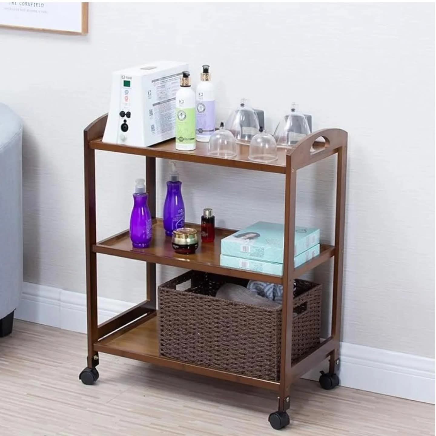 3 Tier Bamboo Serving Trolley Rack with Wheels