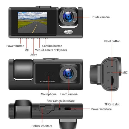 Front/Rear/Inside Video Recorder Camera G-sensor HD 1080P Car Dual Lens Dash Cam