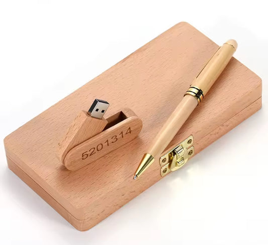 Engravable Natural Wooden Pen and USB Flash Drive Gift Box Set