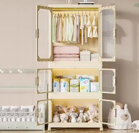 MODULAR STACKABLE 3 LEVEL PLASTIC WARDROBE AND NURSERY CLOSET WITH DOORS