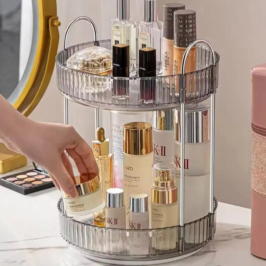 360 degree 2 tier rotating transparent makeup organizer