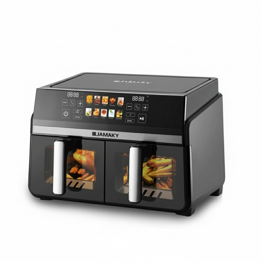 Black dual basket digital air fryer with color LED display and 6.0L capacity in each basket.