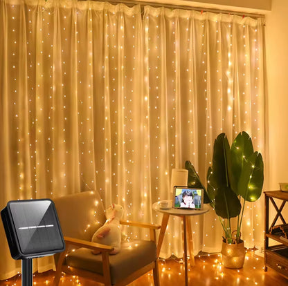 3*3M 300 Solar Christmas Outdoor Curtain Lights With Remote And Hooks