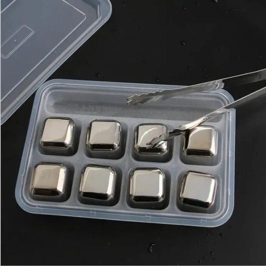 8 Stainless reusable ice cubes with tong