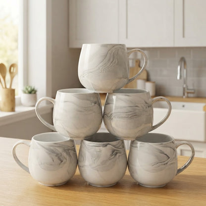 6Pcs White Marbled Ceramic Mug Sets
