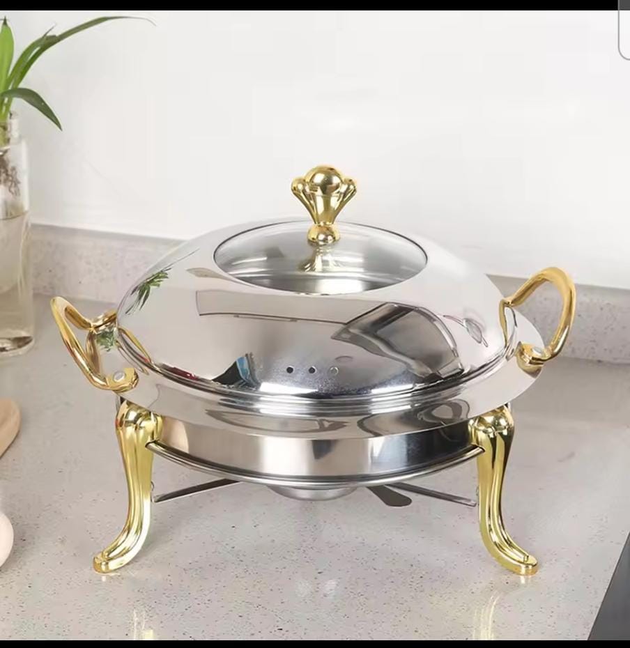Stainless steel chafing dish, 28cm, with gold handles and ornate stand