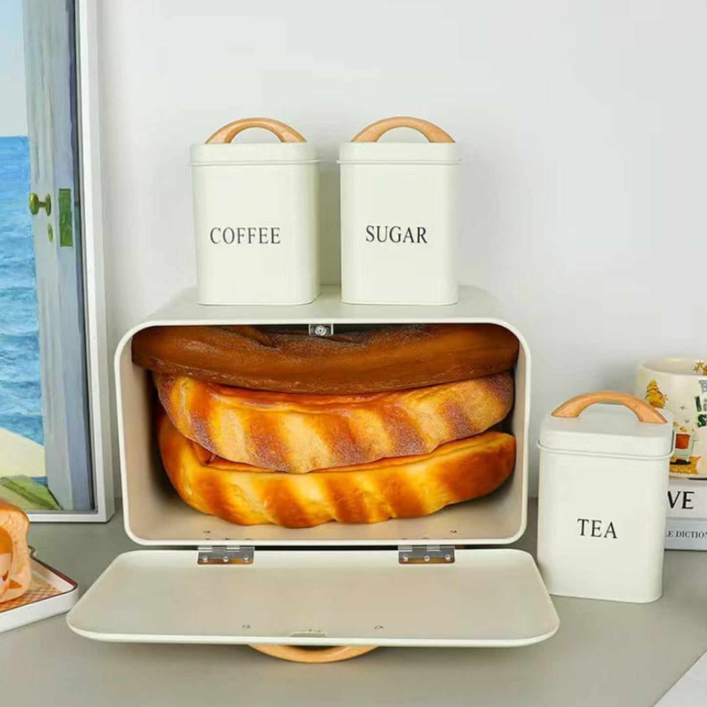 Home Kitchen Bread Box and Tea Sugar Coffee Storage Canister Set