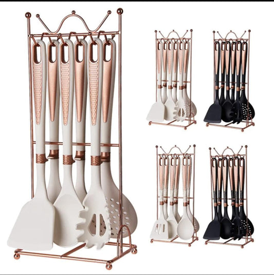 Set of kitchen utensils on a rose gold stand 