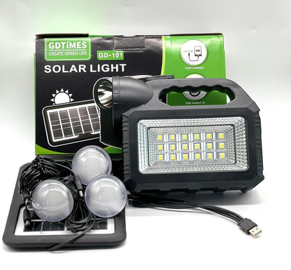 GD-101 Solar Lighting System Kit with 3 Light Bulbs, Solar Panel, and Mobile Charging Cable