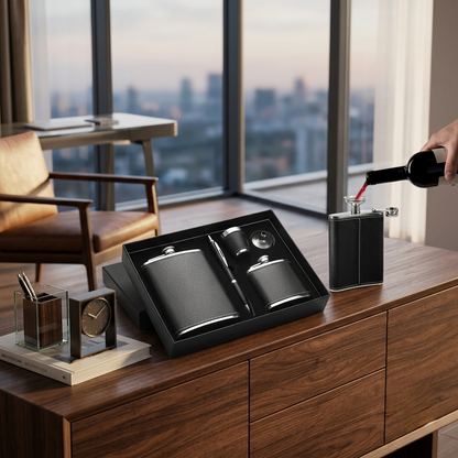 Black Leather Covered Whiskey Flasks Gift Set