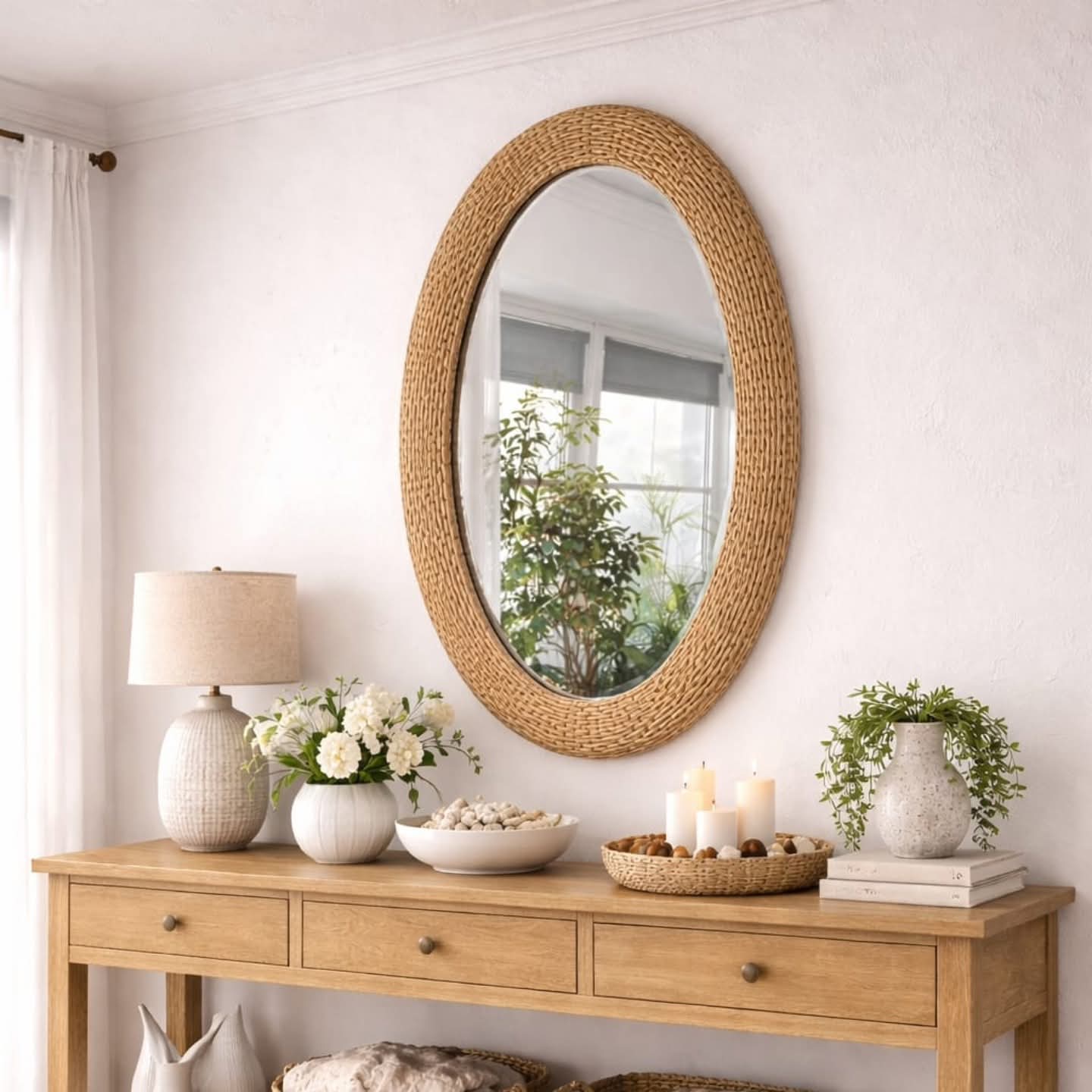 Oval rattan wall mirror