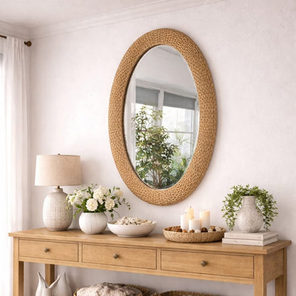 Oval rattan wall mirror