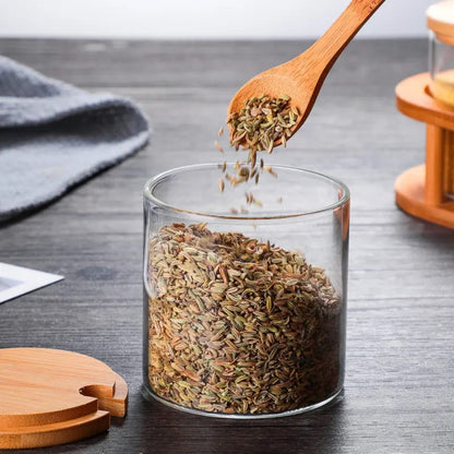 3pc glass spice containers with bamboo holder