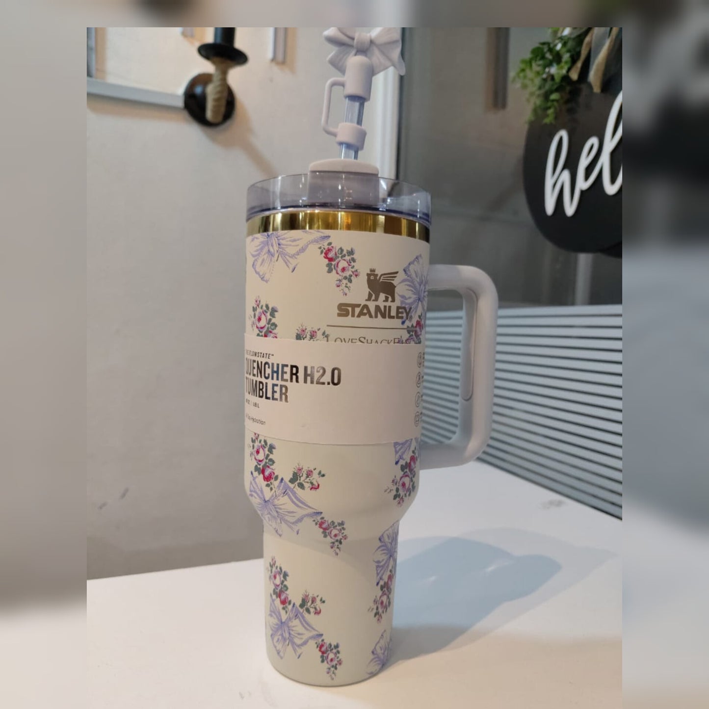 Floral stanley cup with straw topper