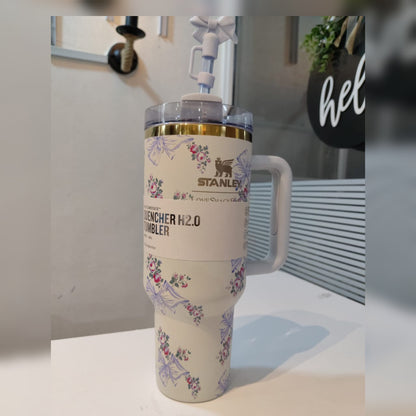 Floral stanley cup with straw topper
