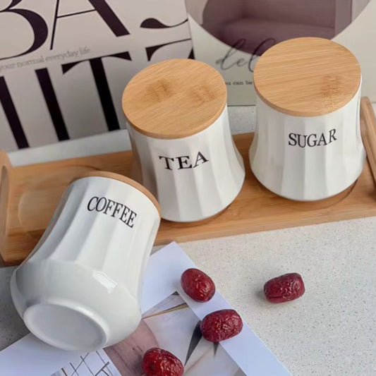Ceramic Tea Coffee and Sugar Canister Set with Bamboo Lids and Stand