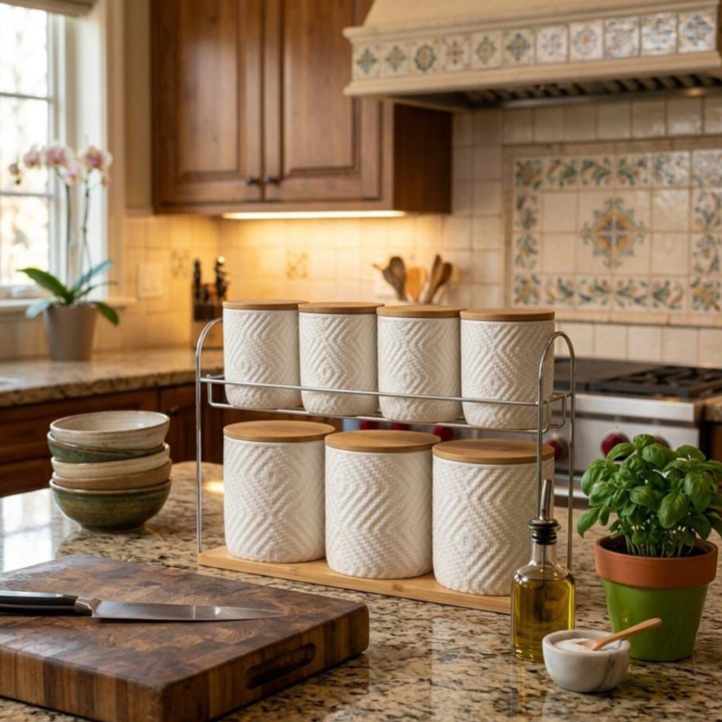 8 Pcs  Ceramic Canister Set with Bamboo Lids and Tray