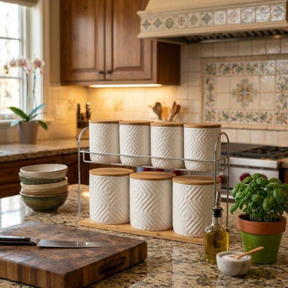 8 Pcs  Ceramic Canister Set with Bamboo Lids and Tray