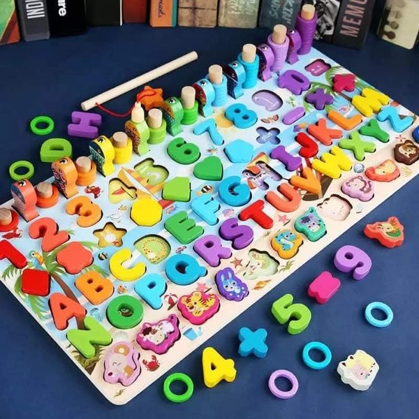 Montessori Wooden 3 in 1 Learning Board for Colors, Letters, Shapes, and Numbers gha