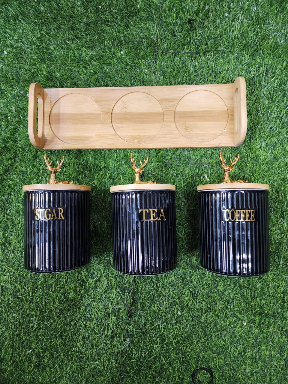 3 pcs ribbed tea,coffee,sugar canister