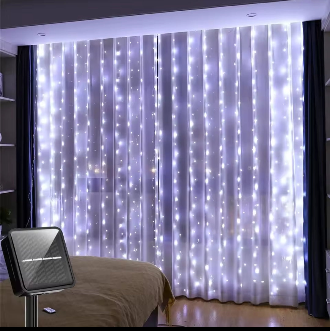 3*3M 300 Solar Christmas Outdoor Curtain Lights With Remote And Hooks