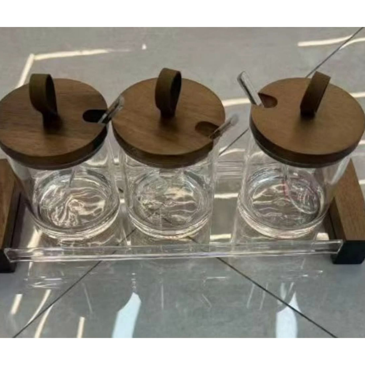 3 In 1 Glass Canister Spice Jar Set with Wooden Base Tray