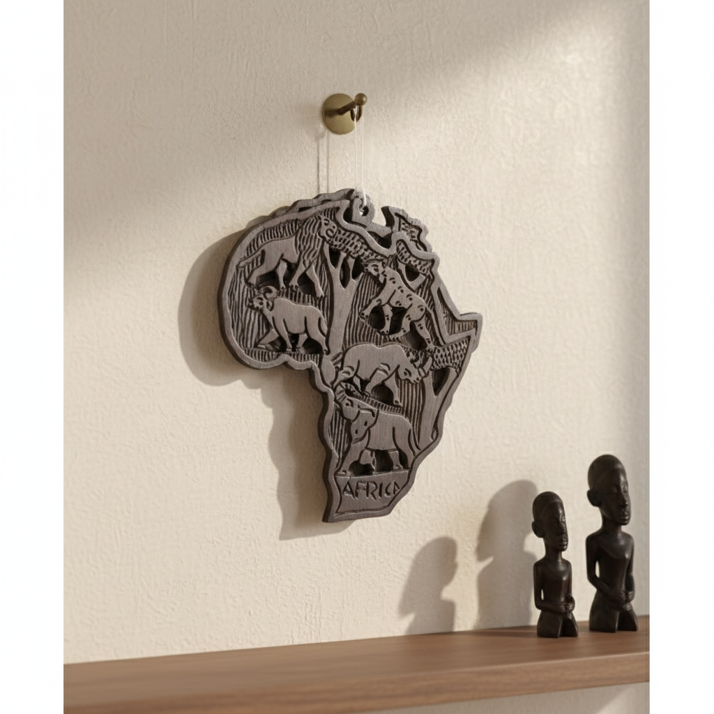 Dark ebony wood African map carving with embossed lion, leopard, rhino, elephant, and buffalo, 32 cm.